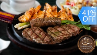 [Image: ¡Parrillada Mar y Tierra Para 2! Lomito, Camarones, Guarniciones, Bebida, Postre, Café y Más.m]