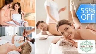 [Image: ¡Día de Spa Ilimitado para 2! Masajes, Sauna, Mascarillas, Bebidas, Papas Fritas y Másm]