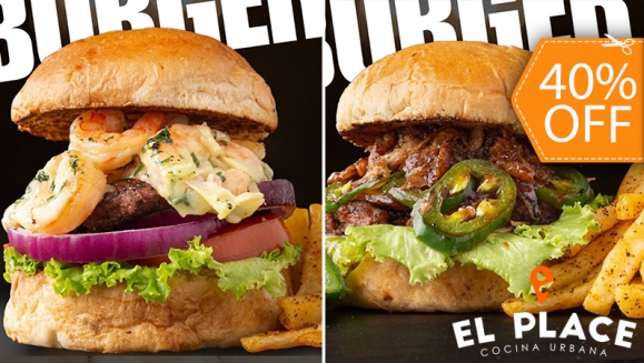 [Image: ¡Paga $18.50 en Lugar de $30.95 por 2 Hamburguesas Triple Carne o de Especialidad a Elección + 2 Ordenes de Papas Francesas + 1 Entrada de Nachos + 2 Bebidas con Refill!m]