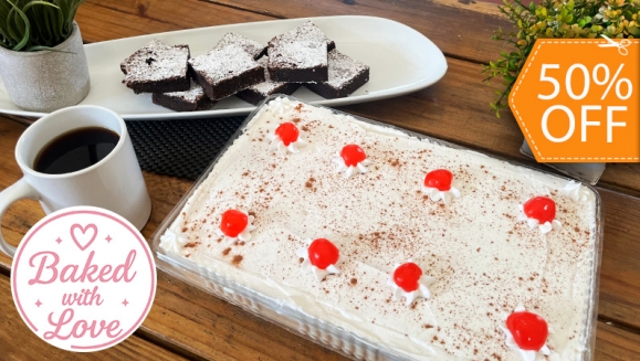[Image: ¡Endulza tu Día! ¡Paga $15 en Lugar de $30 por 8 Porciones de Postre de Tres Leches Tradicional o de Chocolate + 9 Porciones de Brownies Clásicos!m]