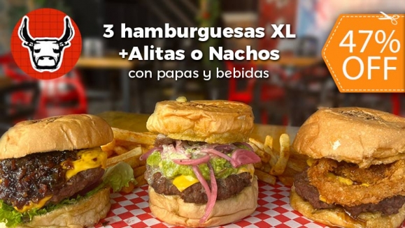 [Image: ¡Paga $23 en Lugar de $43.75 por 3 Hamburguesas XL + 3 Papas + 3 Sodas +  10 Alitas con Papas o Nachos Grandes + 2 Cafés Americanos!m]