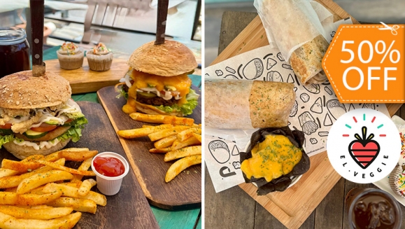 [Image: ¡Paga $11 en Lugar de $21.98 por 2 Burritos Veganos o 2 Hamburguesas Veganas a Elección: Burger de la Casa, Falafel o Pumpkin + 2 Órdenes de Papas Fritas + 2 Tés Helados + 2 Cupcakes!m]