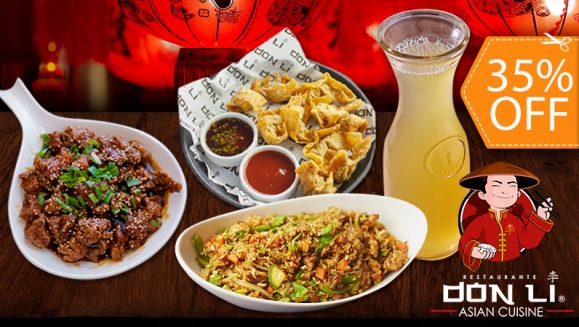[Image: ¡Date un Gusto Asiático en Don Li! ¡Paga $20 en Lugar de $30.95 Por Menú para 2: Pollo Teriyaki + Arroz Cantones Vegetariano + Orden de Wantán de Pollo + Pichel de Té Helado!m]