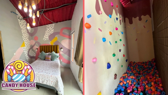 [Image: ¡Paga $75 en Lugar de $150 por Estadía de 1 Noche en Cabaña Temática "Candy House" para 2 Adultos y 3 Niños!m]